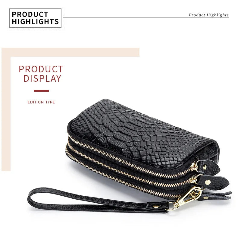 Genuine Leather Women Wallet Long Zipper Wristlet Bag Fashion Crocodile Lady Clutch Coin Purse Mobile Phone Bag Money Clip