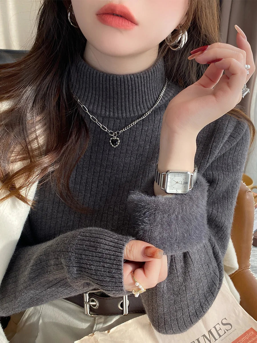 Sweater For Women Winter Thicken Turtleneck Slim Knit Pullover New Warm Plush Velvet Lined Knitwear Jumper Tops Casual Poleras