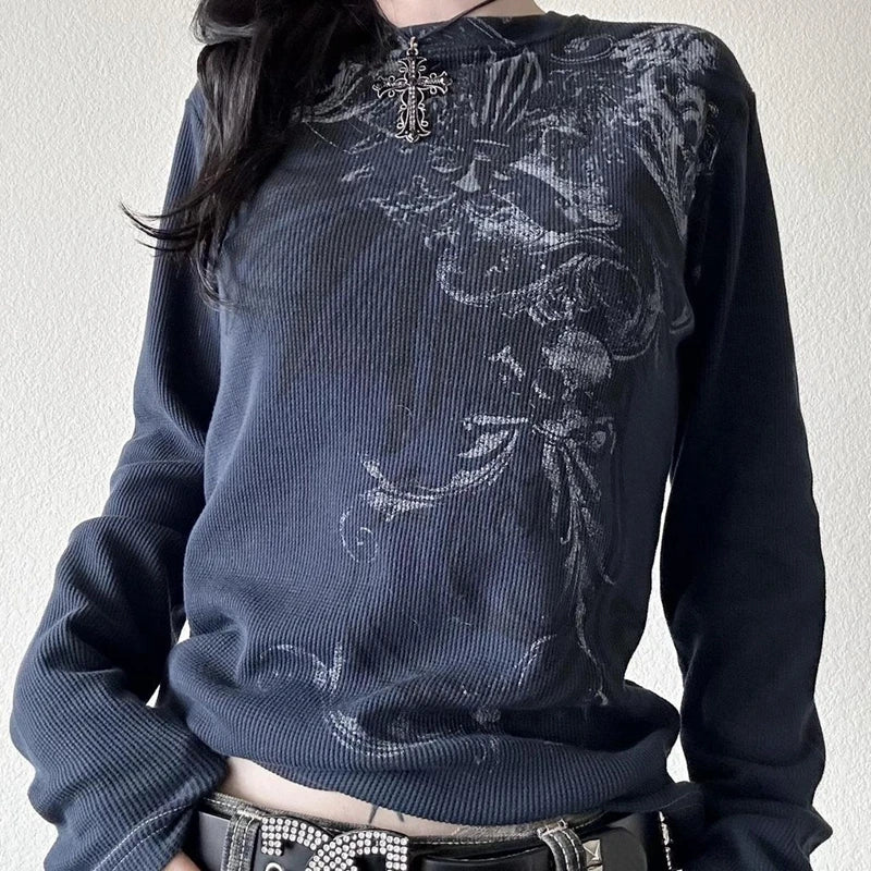 Y2K Skull Graphic Long Sleeve Top