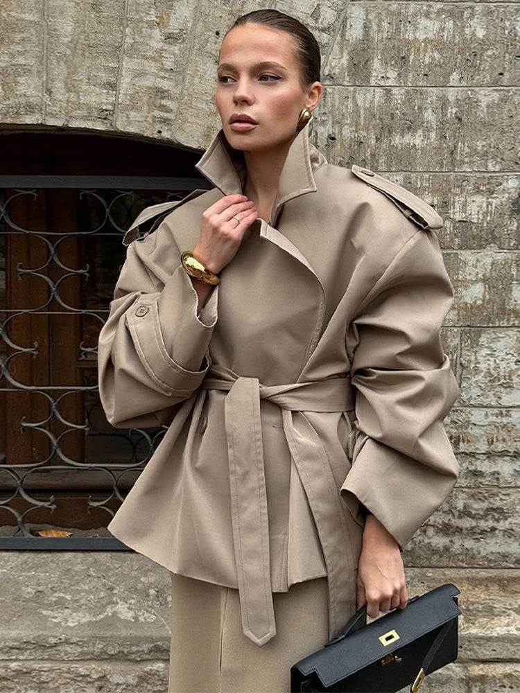 Women Stand Collar Full Sleeve Oversized Windbreaker Solid Single Breasted Lace Up Long Trench Coat Lady Autumn Casual Jacket