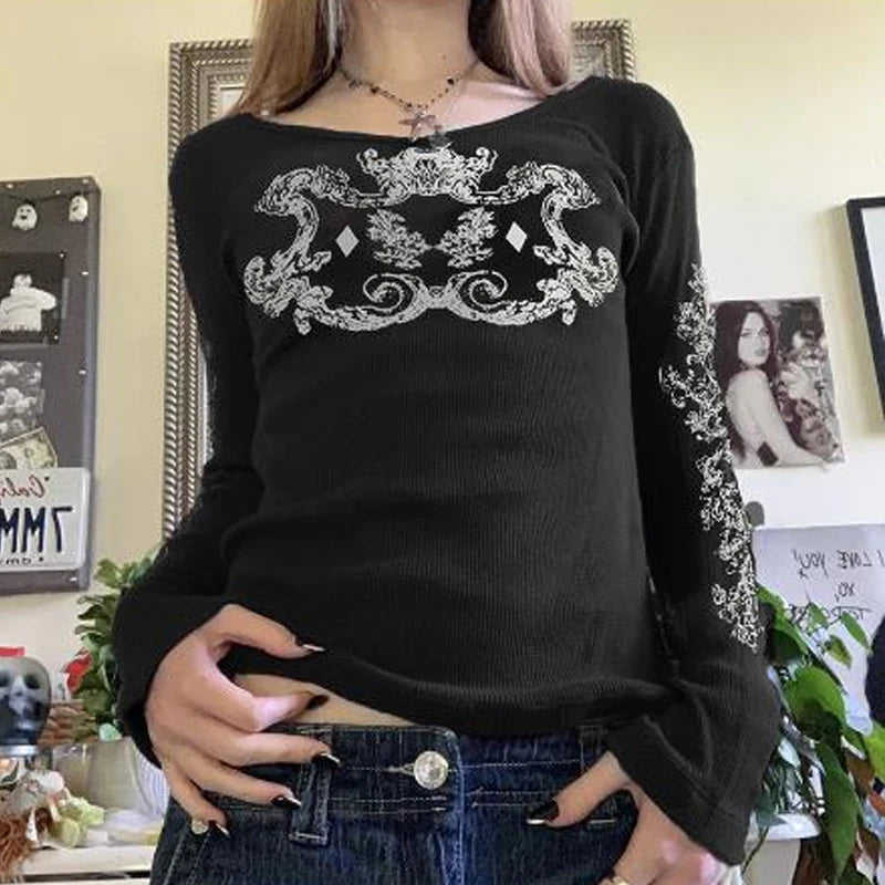 Y2K Skull Graphic Long Sleeve Top