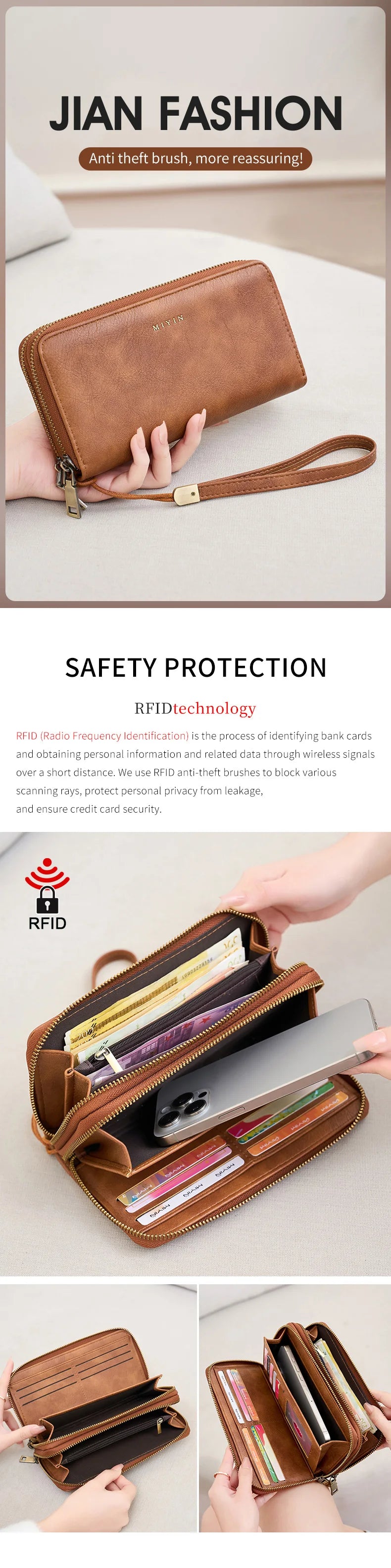 NEW RFID Blocking Vintage Large Capacity Double-Zipper Wallet Stylish Handbag Women'S with Multiple Card Slots and Phone Holder