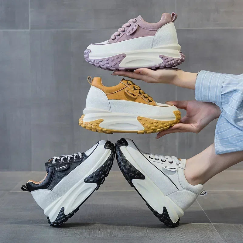 Fujin 3 inch 7cm Genuine Leather Platform Wedge Fashion Women fall winter Chunky Sneakers Heel Shoes Breathable Comfortable