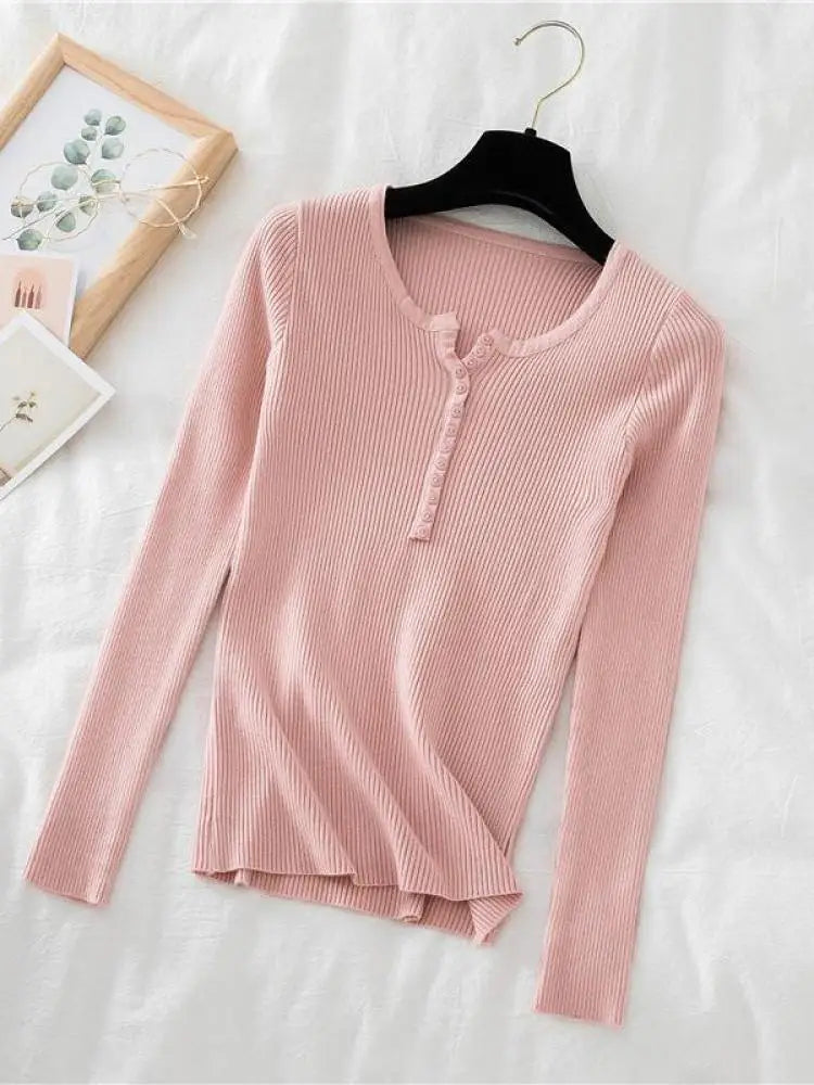 2026 Autumn Winter Button V Neck Sweater Women Basic Slim Pullover Women Sweaters And Pullovers Knit Jumper Soft Warm Tops