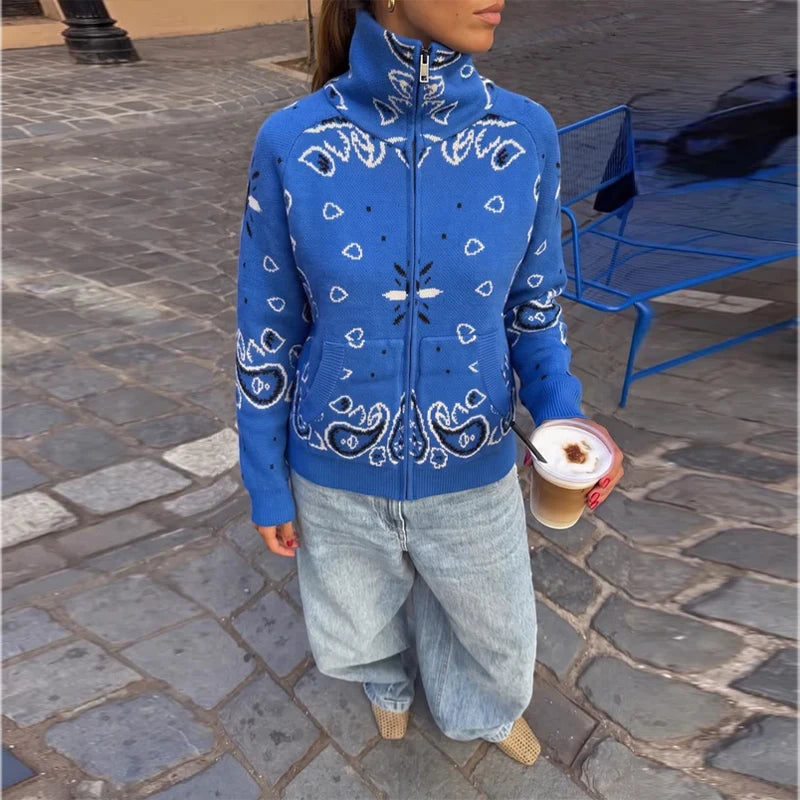 Paisley Print Knit Sweater Jacket Women Stand Collar Raglan Sleeve Zip Up Front Pocket Cardigan 2026 Autumn Retro Loose Jackets