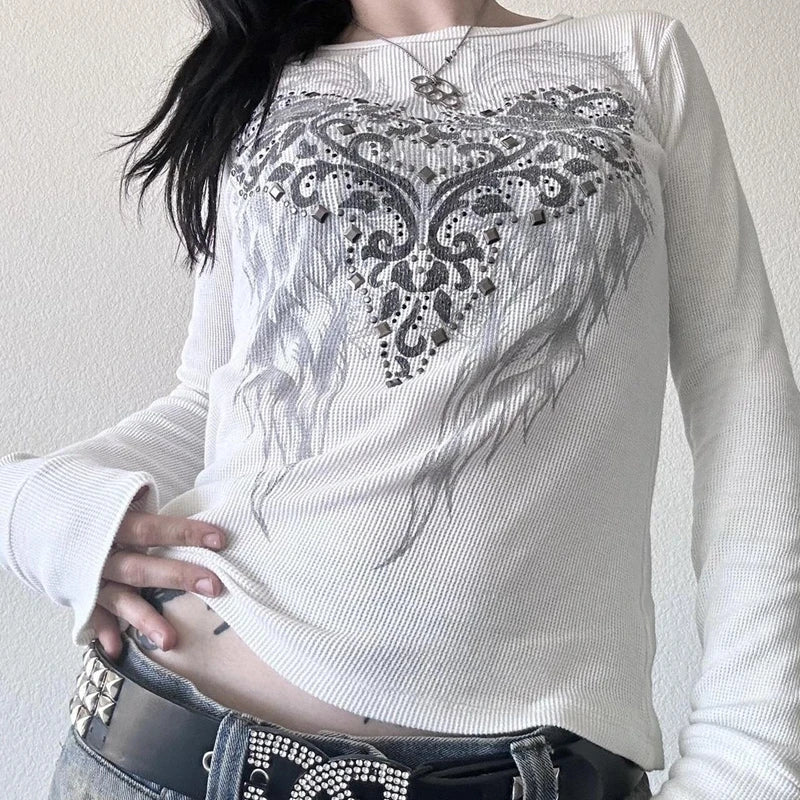 Y2K Skull Graphic Long Sleeve Top
