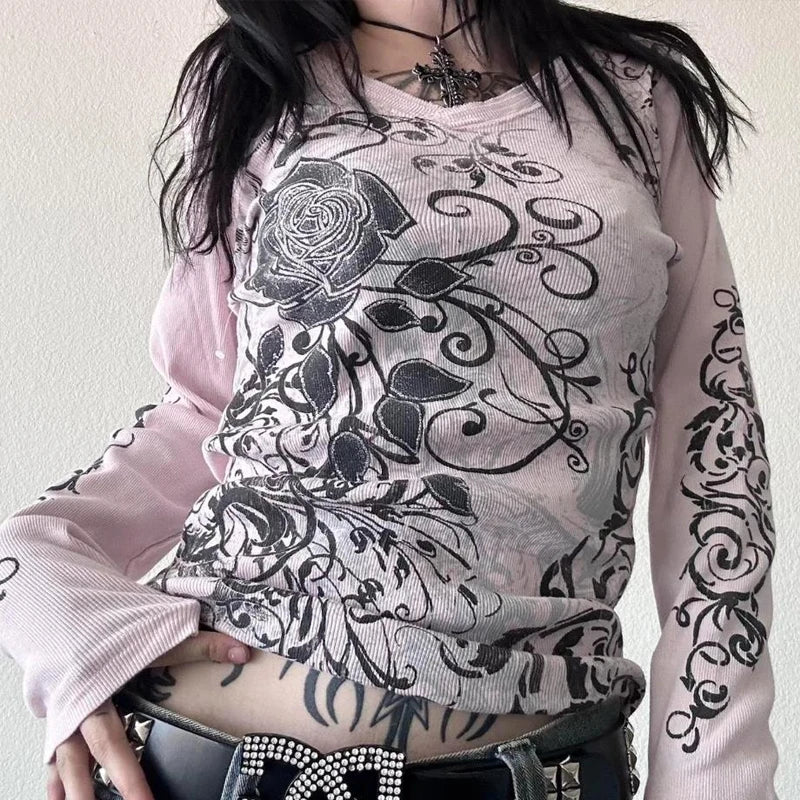 Y2K Skull Graphic Long Sleeve Top