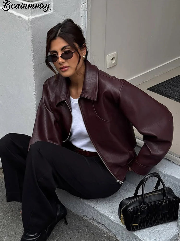 Burgundy Lapel Leather Short Coat Women Vintage Zipper Long Sleeve Bomber Jacket Lady New Autumn Fashion Casual Street Outerwear
