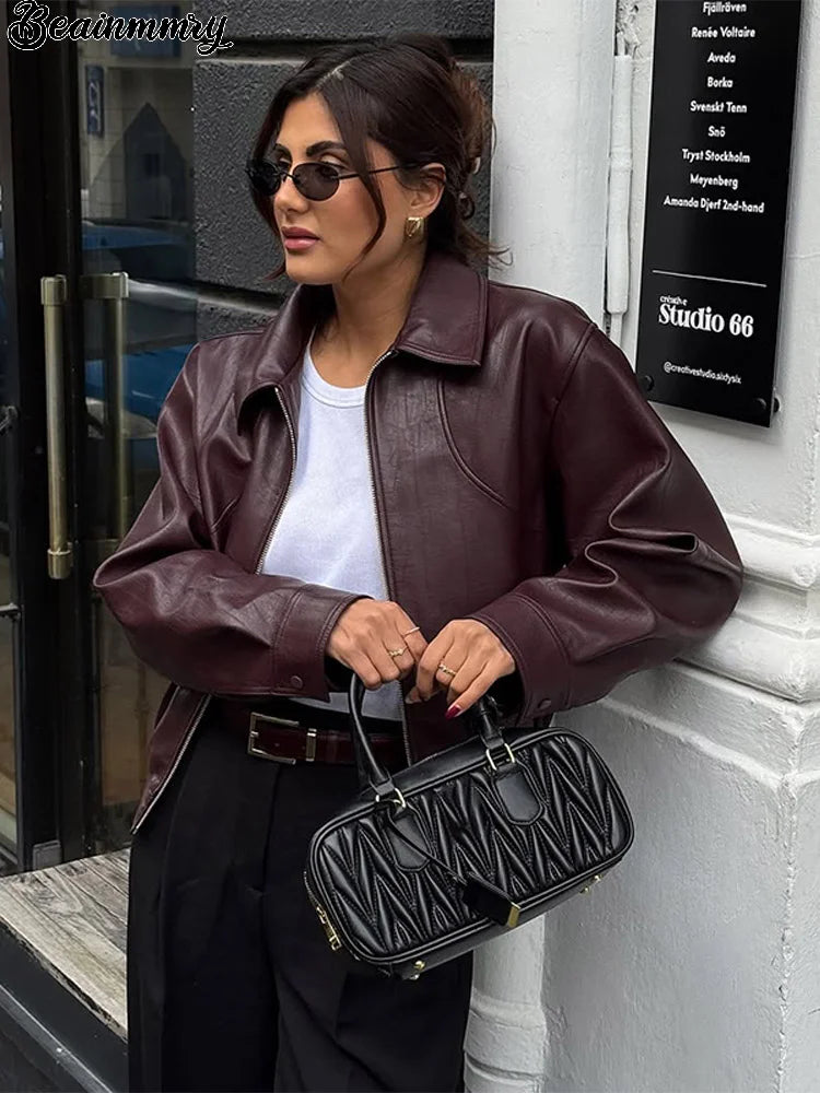 Burgundy Lapel Leather Short Coat Women Vintage Zipper Long Sleeve Bomber Jacket Lady New Autumn Fashion Casual Street Outerwear
