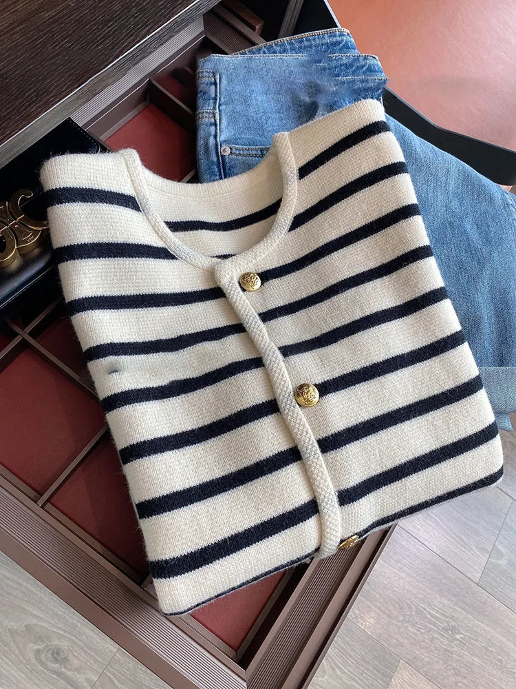 Elegant Striped Knitted Cardigans Coat Fashion Long Sleeve Women O-Neck Single Breasted Korean Sweaters Autumn Tops New Cardigan