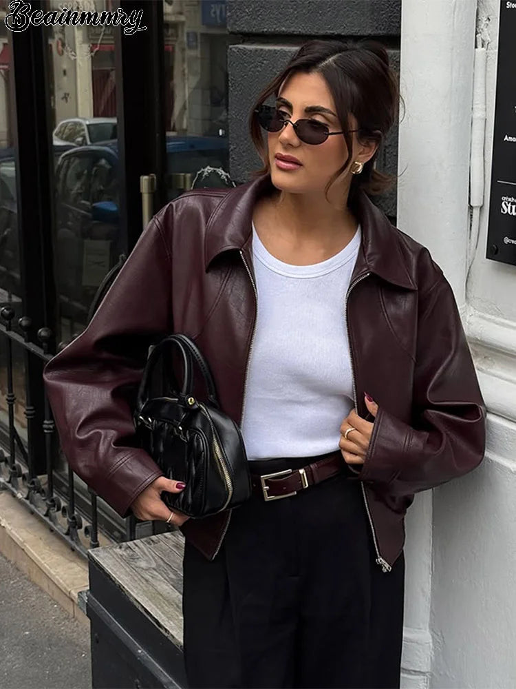 Burgundy Lapel Leather Short Coat Women Vintage Zipper Long Sleeve Bomber Jacket Lady New Autumn Fashion Casual Street Outerwear