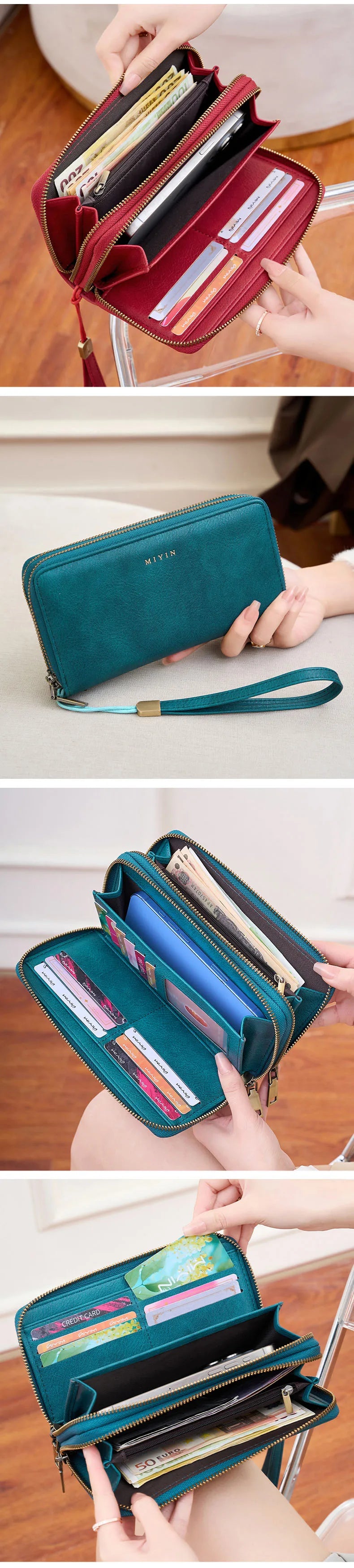 NEW RFID Blocking Vintage Large Capacity Double-Zipper Wallet Stylish Handbag Women'S with Multiple Card Slots and Phone Holder