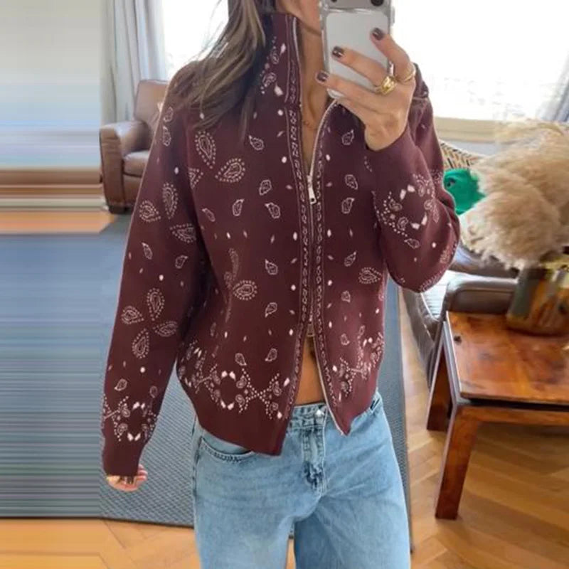 Paisley Print Knit Sweater Jacket Women Stand Collar Raglan Sleeve Zip Up Front Pocket Cardigan 2026 Autumn Retro Loose Jackets