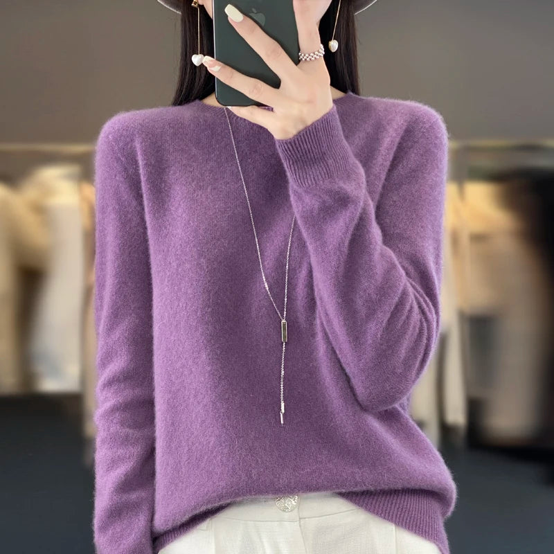 100% Merino solid color sweater ladies autumn and winter new solid color O-neck long sleeve warm fashion loose knit sweater