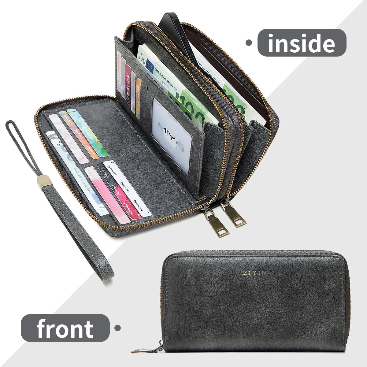 NEW RFID Blocking Vintage Large Capacity Double-Zipper Wallet Stylish Handbag Women'S with Multiple Card Slots and Phone Holder
