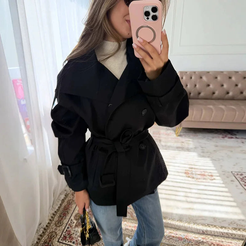 Trench Coat Women's Coats Stand Collar Top Double Breasted Buttons Jacket Self-Tie Belt Spring Daily Outerwear Woman Clothes
