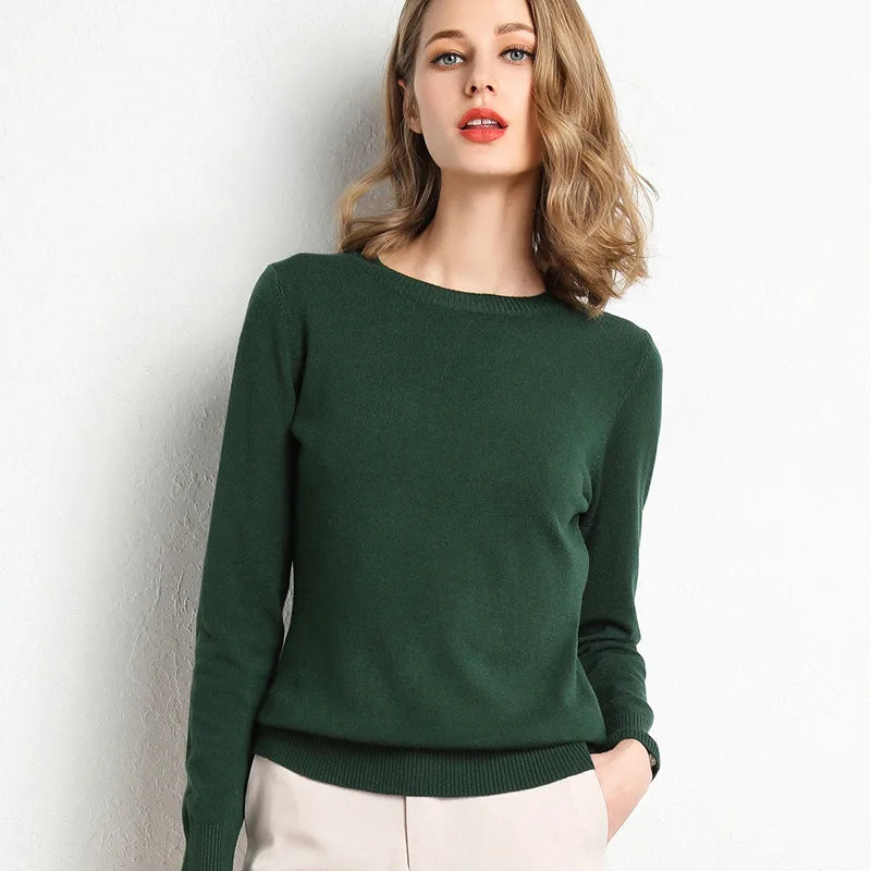 Women Slim ONeck Solid Pullover Cashmere Wool Blending Sweater Autumn And Winter Long-Sleeved Knit Bottoming Shirt Large Size