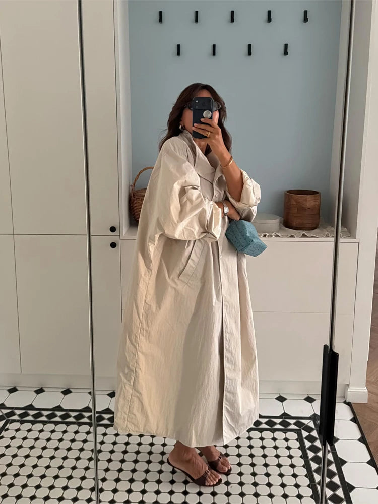 Women Stand Collar Full Sleeve Oversized Windbreaker Solid Single Breasted Lace Up Long Trench Coat Lady Autumn Casual Jacket