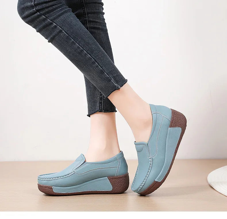 Spring and Summer Women Fashion Loafers Genuine Leather Moccasins Autumn Slip-on Casual Round Toe Wedge Platform Rocking Shoes