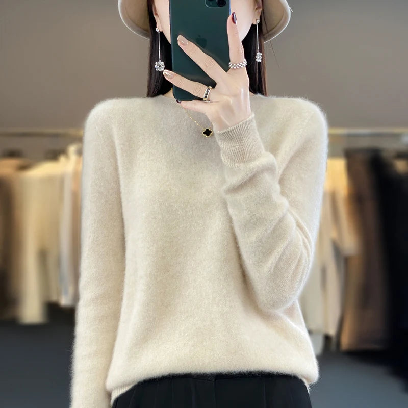100% Merino solid color sweater ladies autumn and winter new solid color O-neck long sleeve warm fashion loose knit sweater