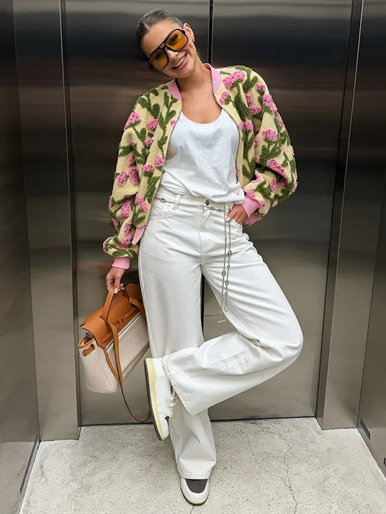 3D Floral Bomber Jacket Coat Women Fashion Lapel Neck Long Sleeve Zipper Loose Outerwear Female Spring Chic Casual Jackets Wear