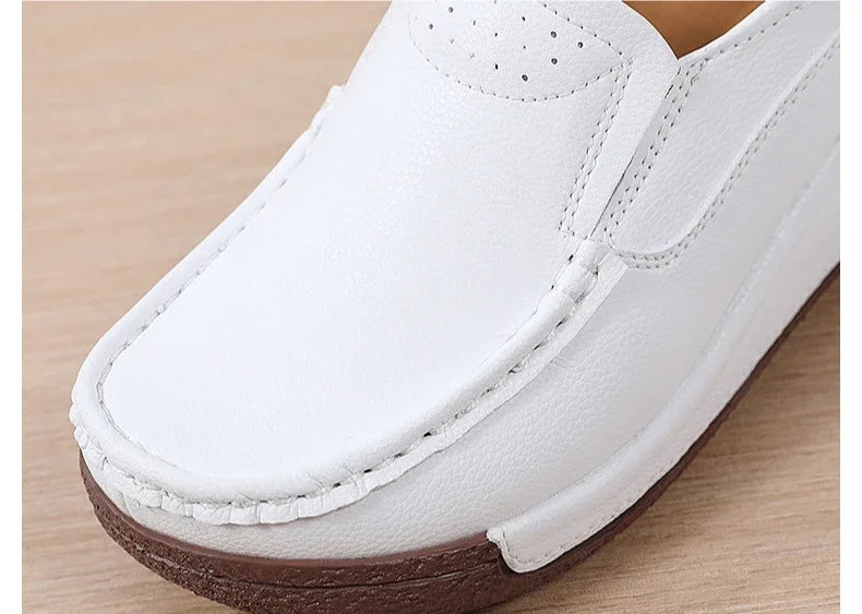 Spring and Summer Women Fashion Loafers Genuine Leather Moccasins Autumn Slip-on Casual Round Toe Wedge Platform Rocking Shoes