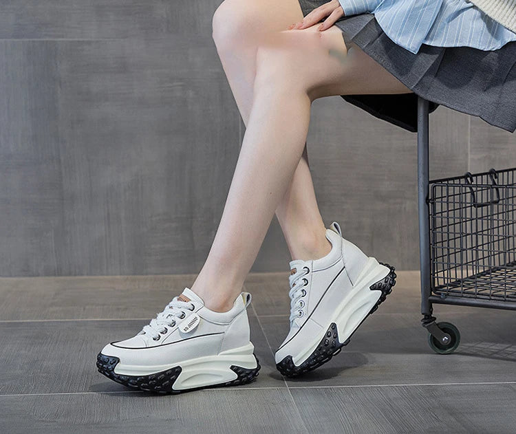 Fujin 3 inch 7cm Genuine Leather Platform Wedge Fashion Women fall winter Chunky Sneakers Heel Shoes Breathable Comfortable