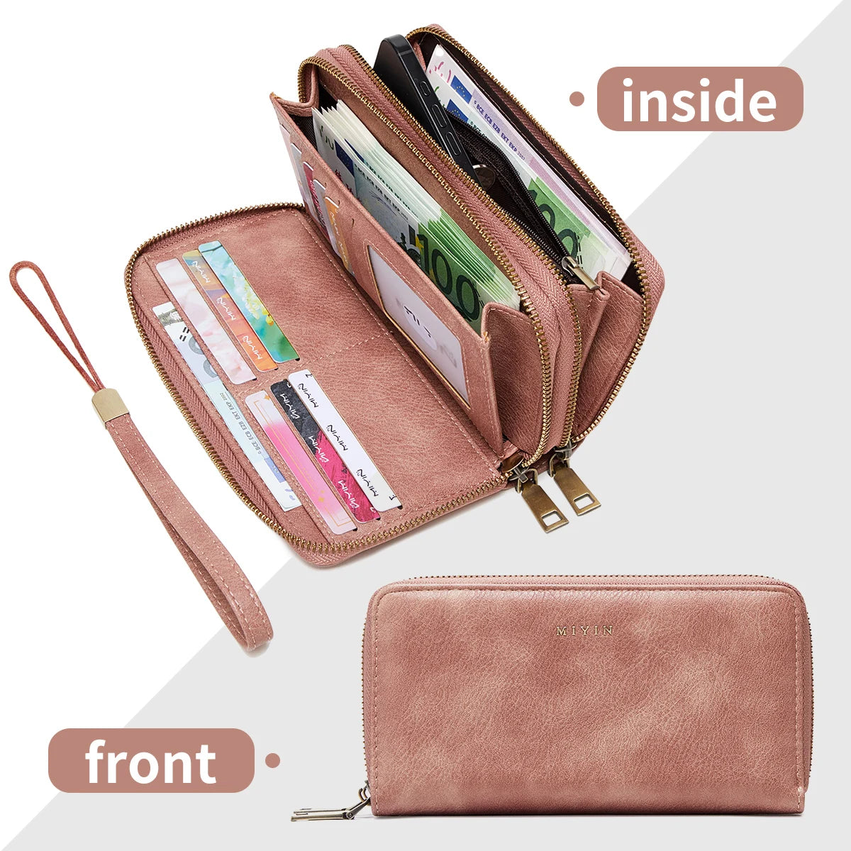 NEW RFID Blocking Vintage Large Capacity Double-Zipper Wallet Stylish Handbag Women'S with Multiple Card Slots and Phone Holder