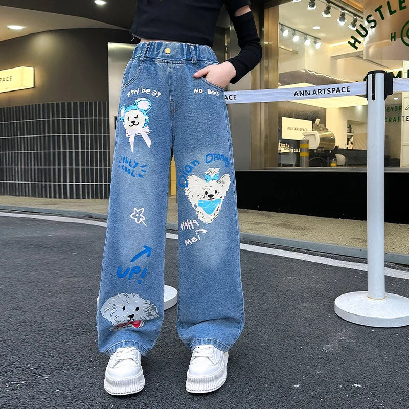 New 2024 Teenage Girls Blue Street Cartoon Print Elastic Mid Waist Loose Denim Jeans Spring Fashion Children Cute Wide Leg Pants