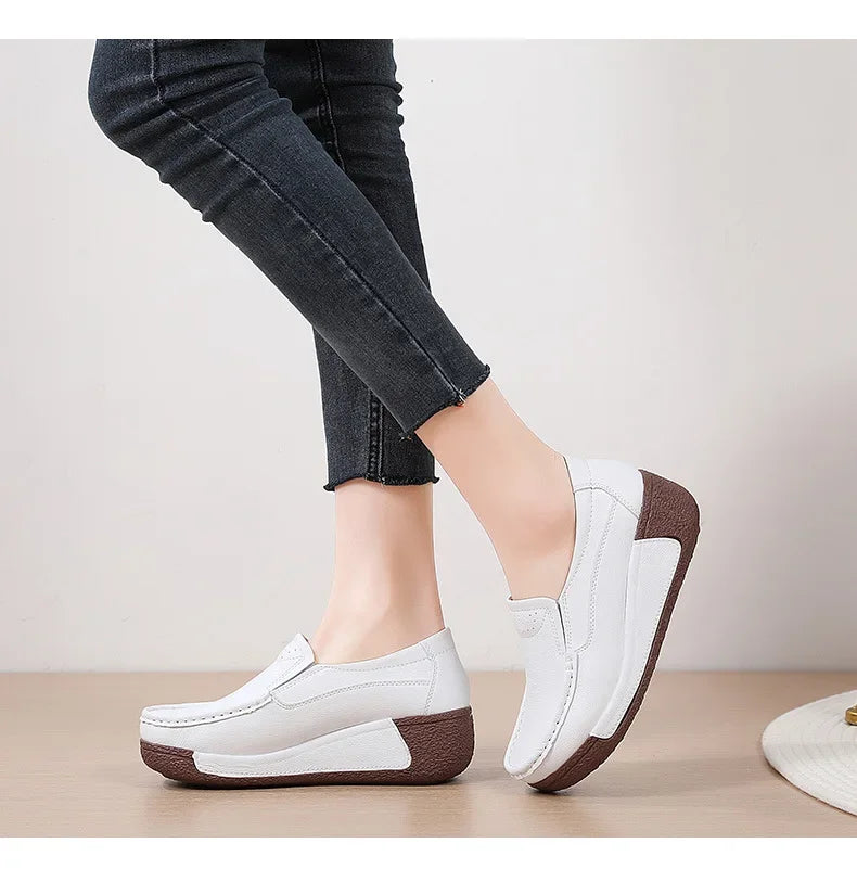 Spring and Summer Women Fashion Loafers Genuine Leather Moccasins Autumn Slip-on Casual Round Toe Wedge Platform Rocking Shoes
