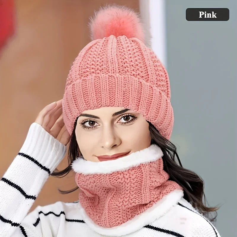 Knitted Hat Set Winter Warm Skull Hat Thick Plush Windproof Anti-Cold Women Casual Snow Hats Beanie