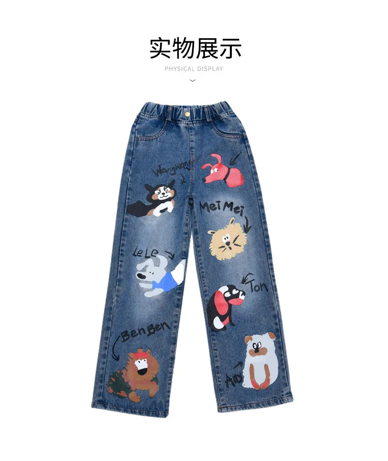 New 2024 Teenage Girls Blue Street Cartoon Print Elastic Mid Waist Loose Denim Jeans Spring Fashion Children Cute Wide Leg Pants