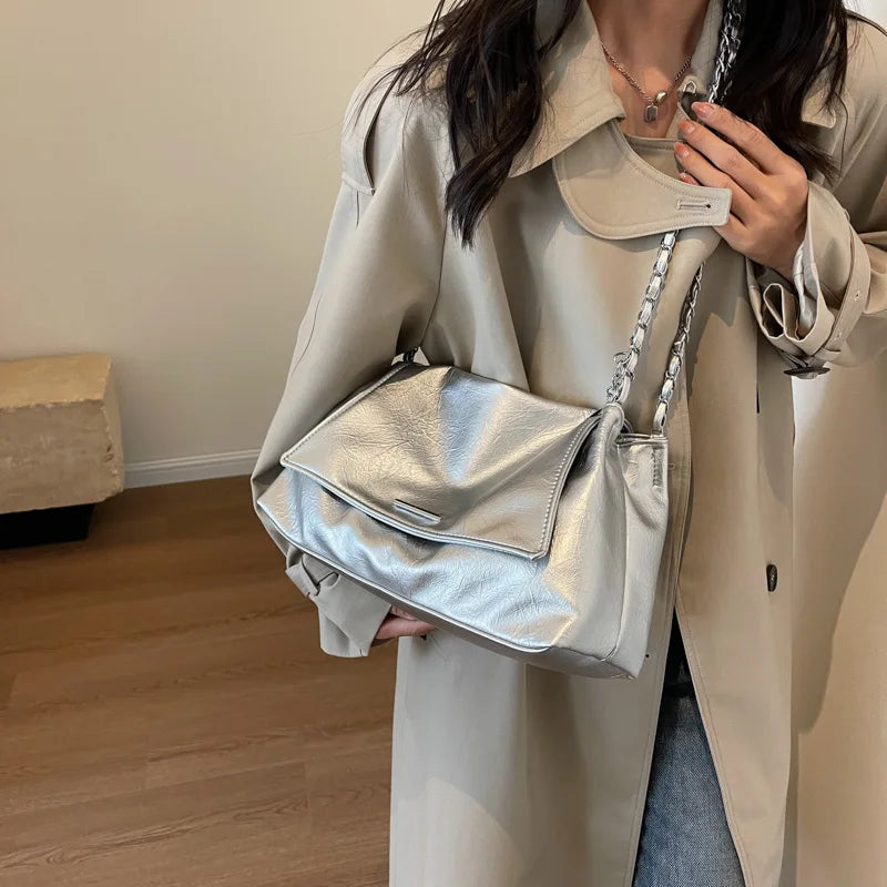 Ladies Handbag Women Fashion Bags Brand Designer Silver Shoulder Bag Large Capacity Female Bag Soft Leather Underarm Bag Totes