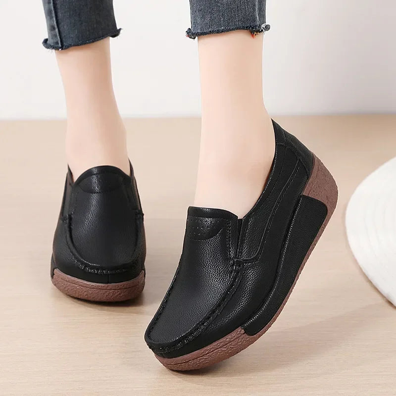 Spring and Summer Women Fashion Loafers Genuine Leather Moccasins Autumn Slip-on Casual Round Toe Wedge Platform Rocking Shoes
