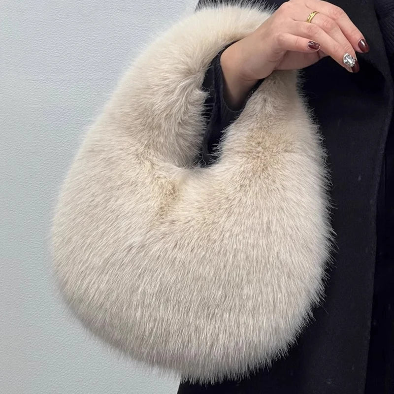 Women's Winter Casual Furry Shoulder Bag Soft Plush Solid Color Clutch Purse Lightweight Female Hobos Handbag