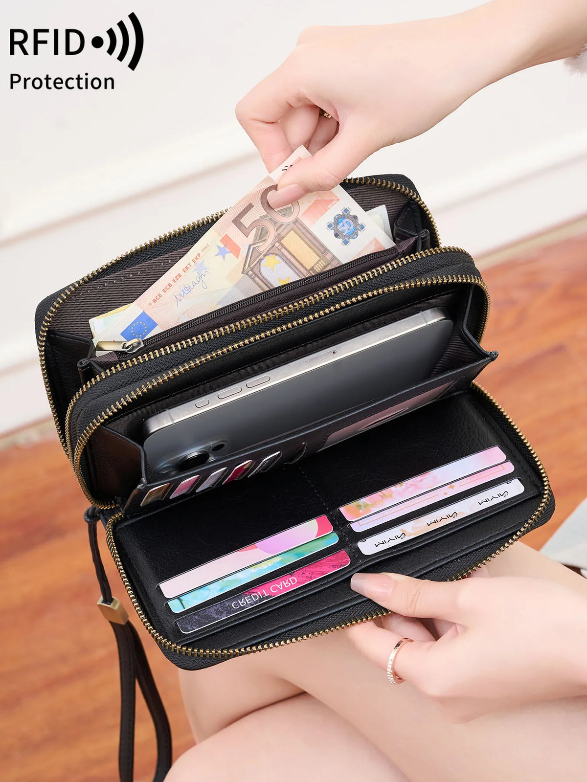 NEW RFID Blocking Vintage Large Capacity Double-Zipper Wallet Stylish Handbag Women'S with Multiple Card Slots and Phone Holder