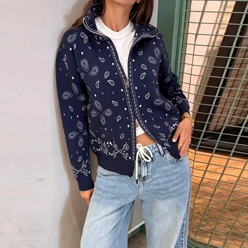Paisley Print Knit Sweater Jacket Women Stand Collar Raglan Sleeve Zip Up Front Pocket Cardigan 2026 Autumn Retro Loose Jackets