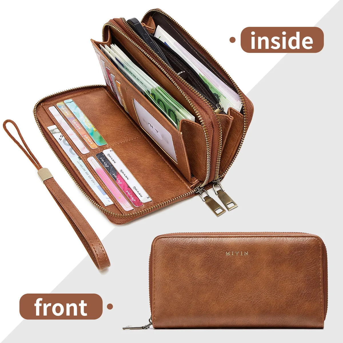 NEW RFID Blocking Vintage Large Capacity Double-Zipper Wallet Stylish Handbag Women'S with Multiple Card Slots and Phone Holder