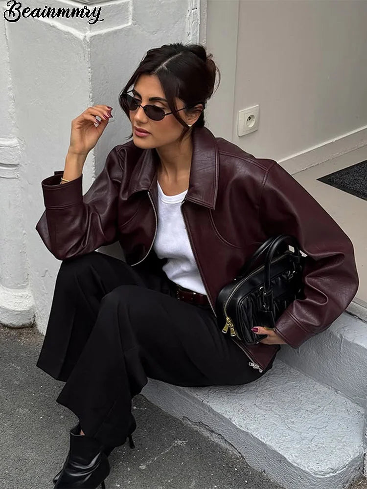Burgundy Lapel Leather Short Coat Women Vintage Zipper Long Sleeve Bomber Jacket Lady New Autumn Fashion Casual Street Outerwear