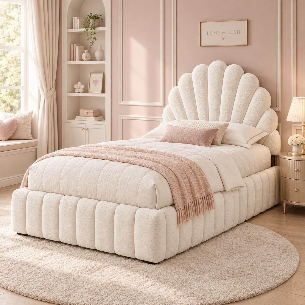Beige velvet shell-headboard ottoman bed in a clean LUME & LUSH bedroom