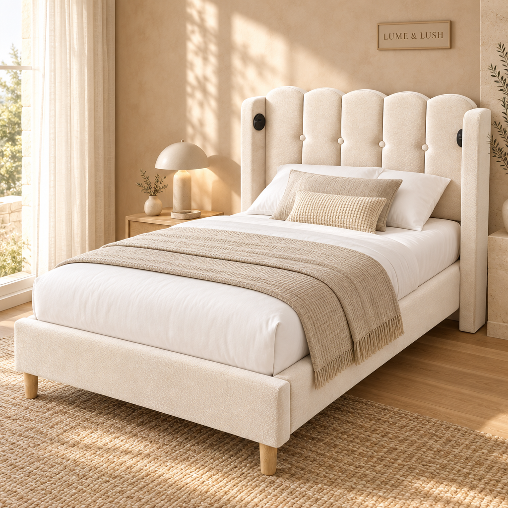 Beige velvet single bed in a clean LUME & LUSH boutique bedroom