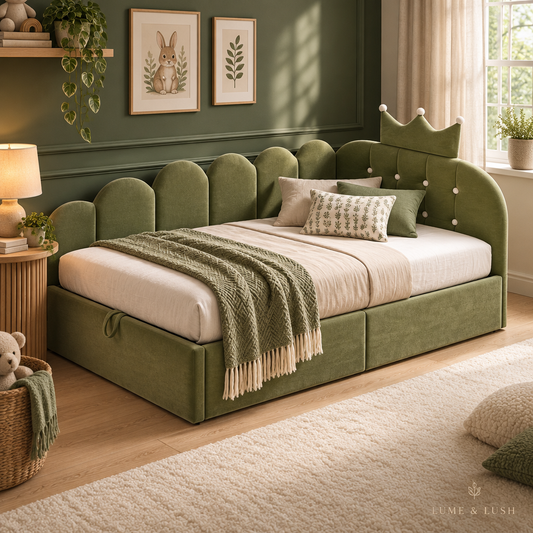 Green velvet daybed with crown headboard in a clean LUME & LUSH guest room