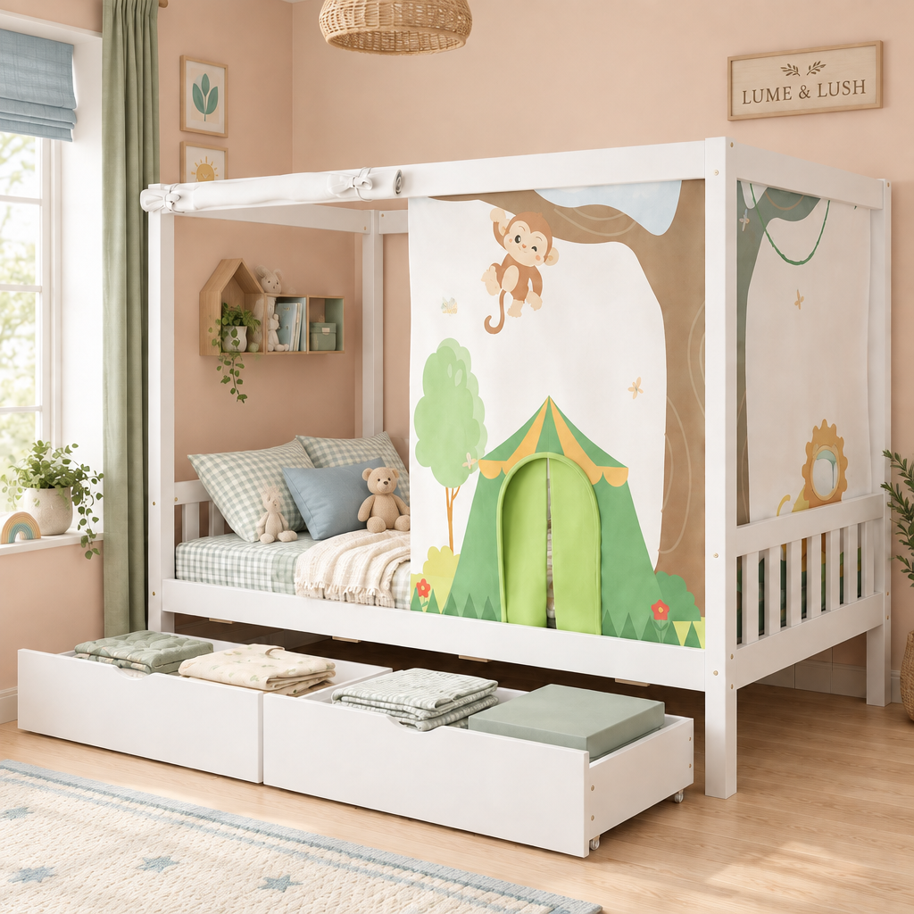 White wooden kids bed with green curtains and storage drawers in a pastel children’s room