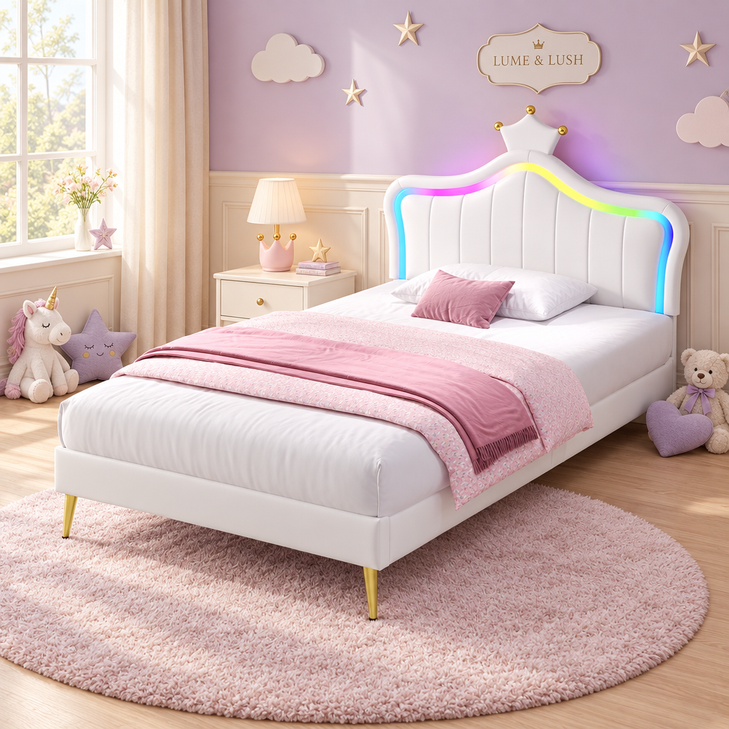 Cream white LED crown single bed in a lilac and cream children’s bedroom