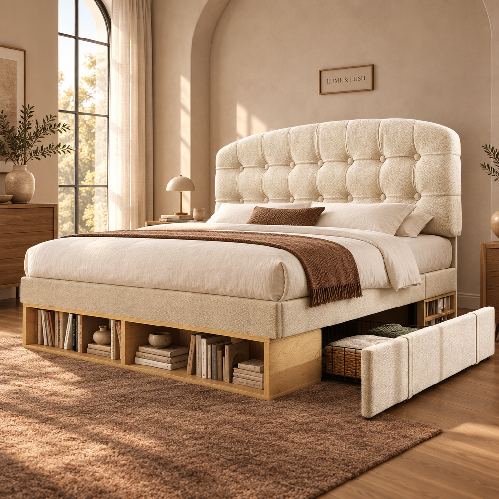 Beige velvet double bed with drawers and open storage in a LUME & LUSH bedroom