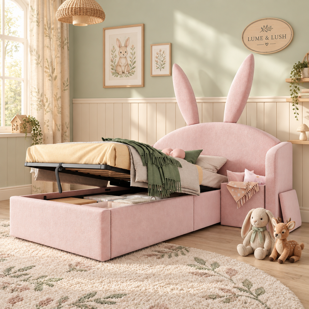 Rose velvet bunny-ear kids storage bed with nightstand in a woodland-themed children’s room
