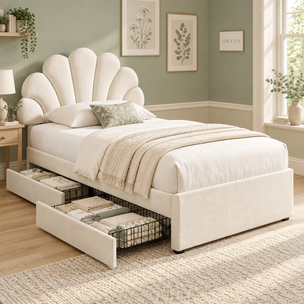 Beige velvet petal headboard single bed with storage drawers in a LUME & LUSH bedroom