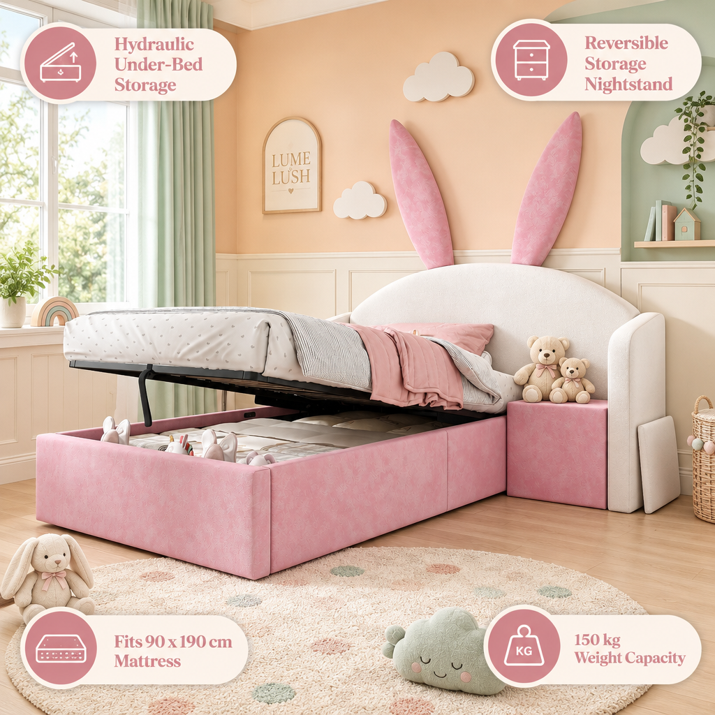 LUME & LUSH beige-and-pink bunny-ear storage bed with feature callouts