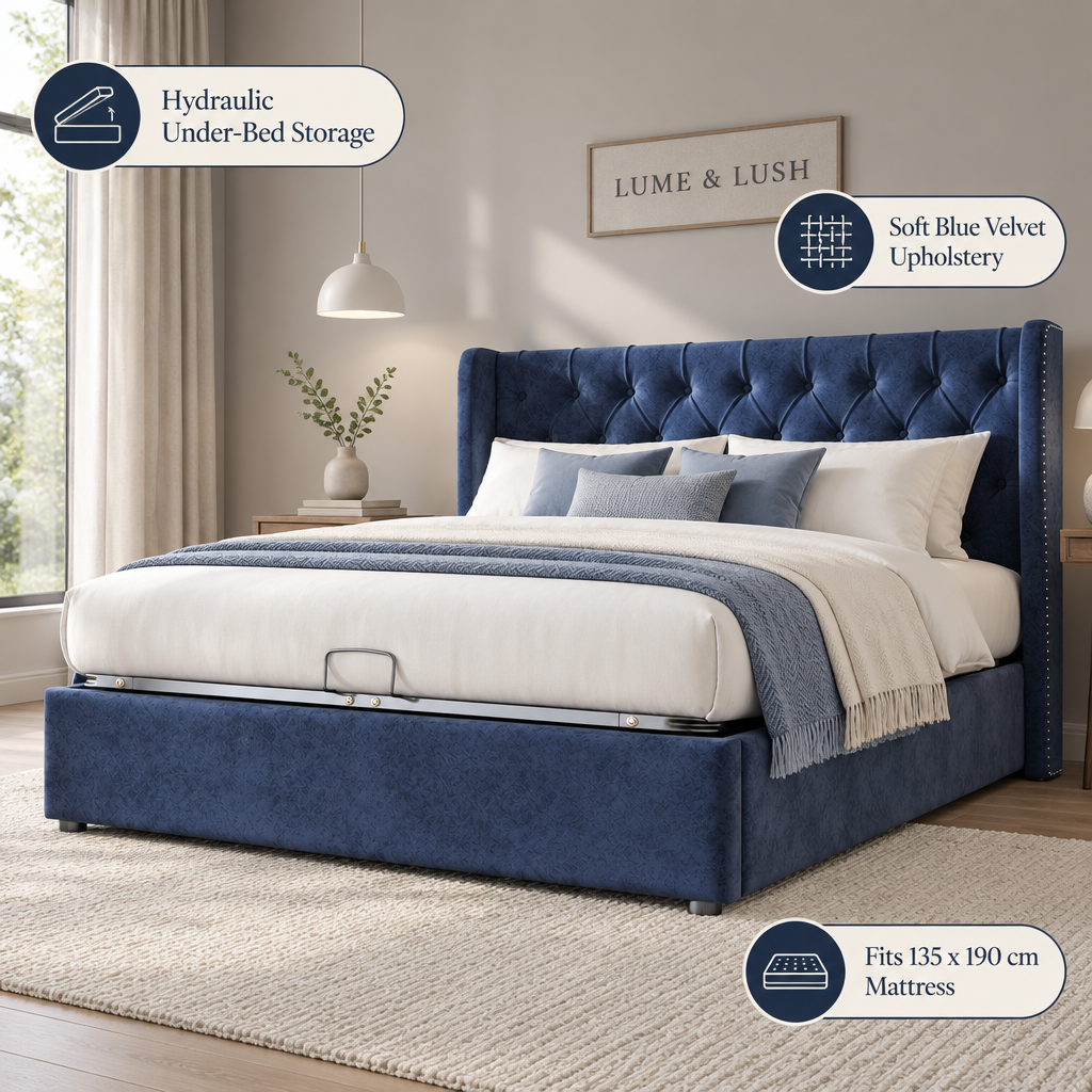 LUME & LUSH blue velvet hydraulic storage bed with feature callouts