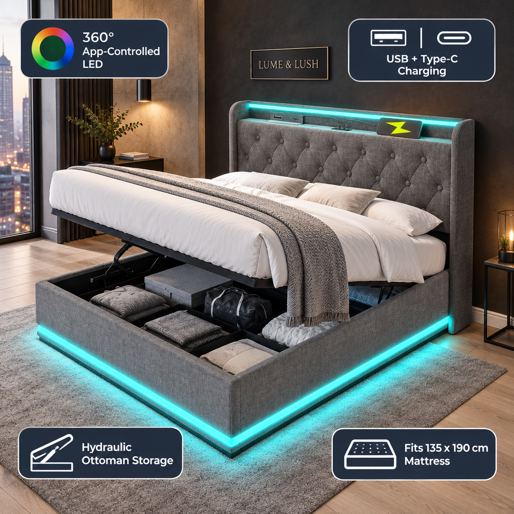 LUME & LUSH grey LED ottoman double bed with feature callouts